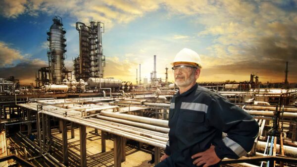 A worker overlooks an oil refinery plant.